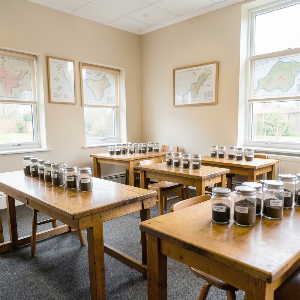 Bright teaching room with soil samples and geological maps on the wall