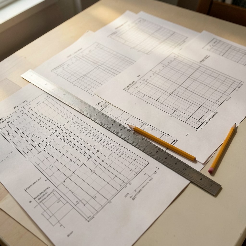 Annotated borehole log sheets spread across a desk with a scale ruler