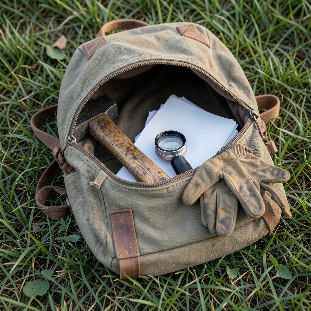 Field backpack with geological hammer, hand lens, and logging sheets