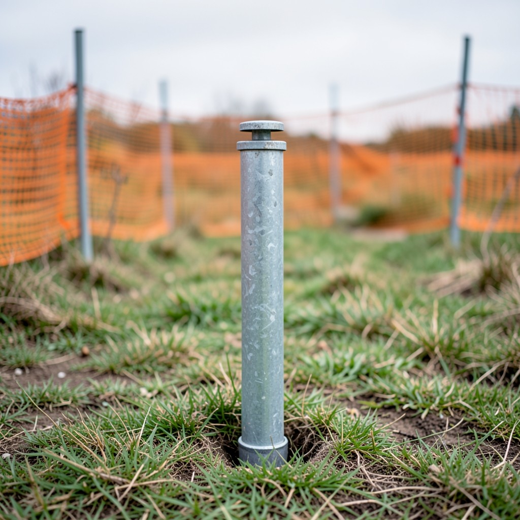 Standpipe piezometer in a grassy site with temporary fencing