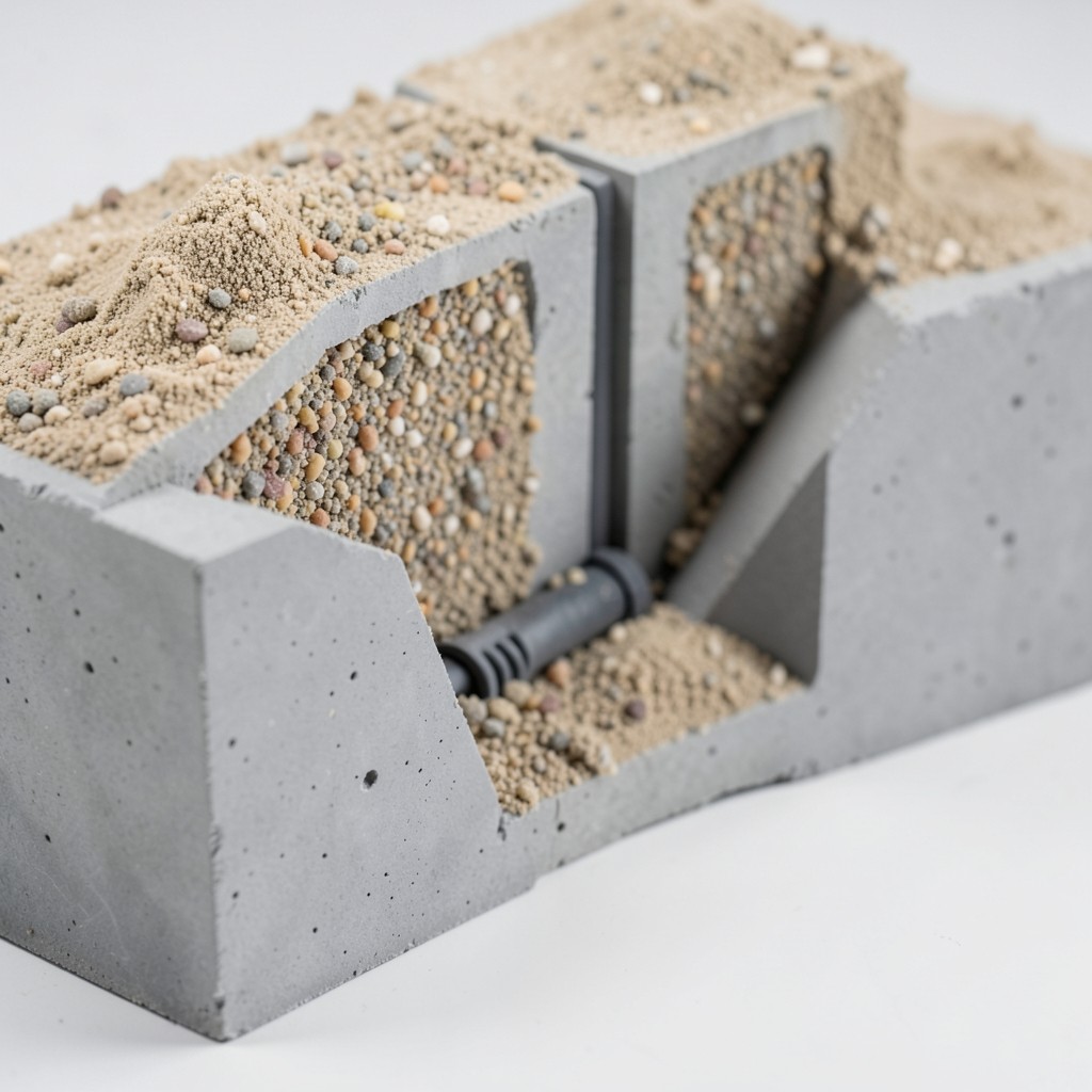 Section through a retaining wall showing granular backfill and a drain pipe