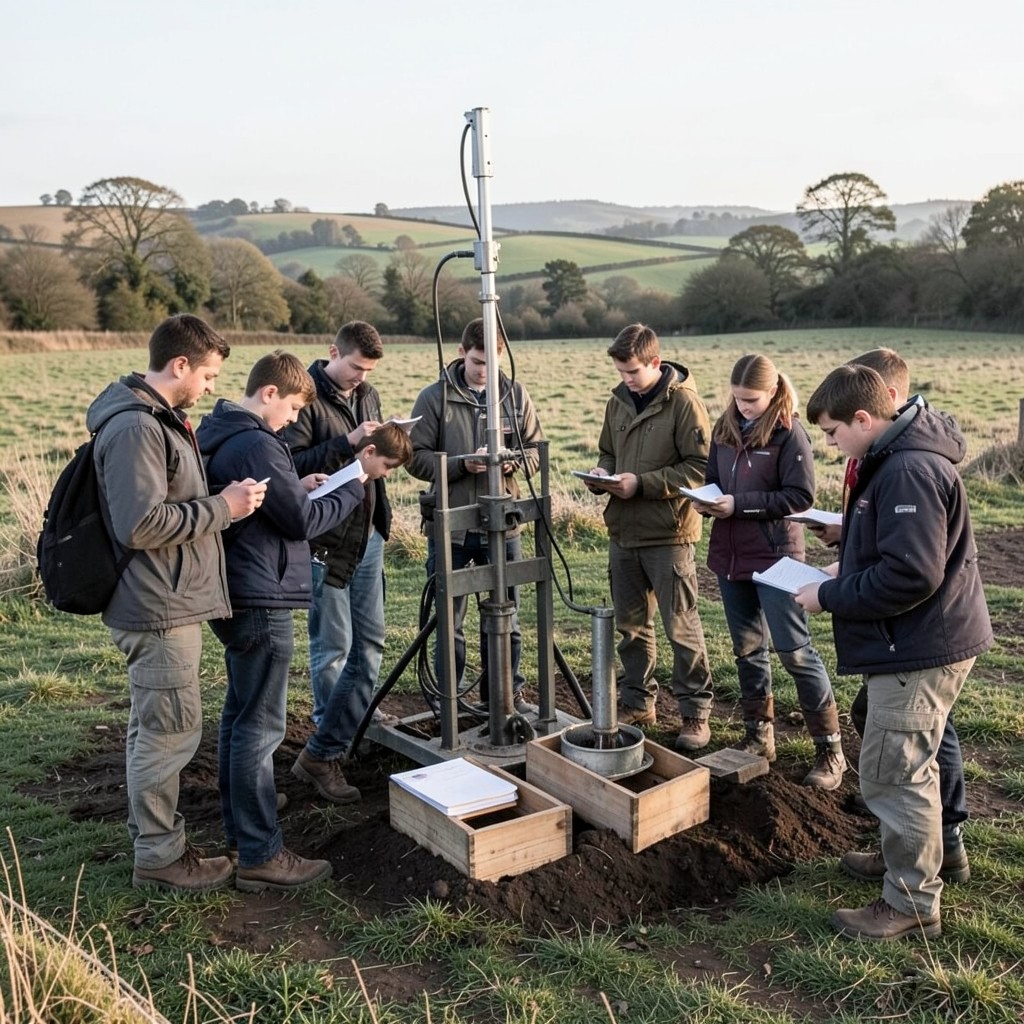 Field School group logging soil beside a drilling rig in the countryside