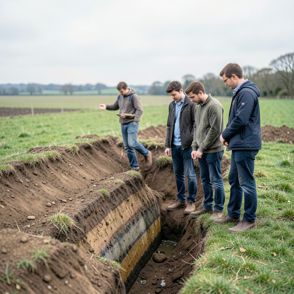 Geotechnical students examining soil strata at an open excavation in soft daylight