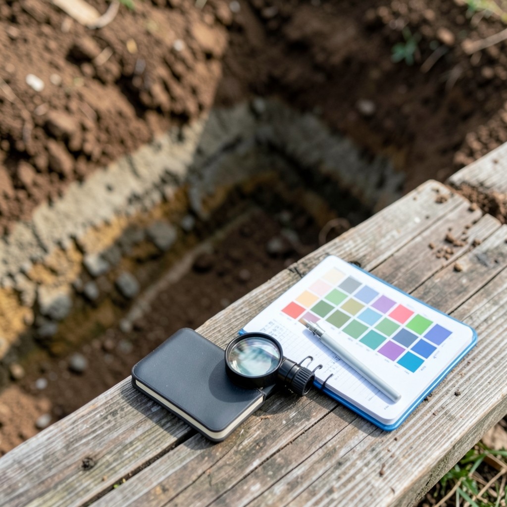 Field notebook and soil description chart beside an open trial pit