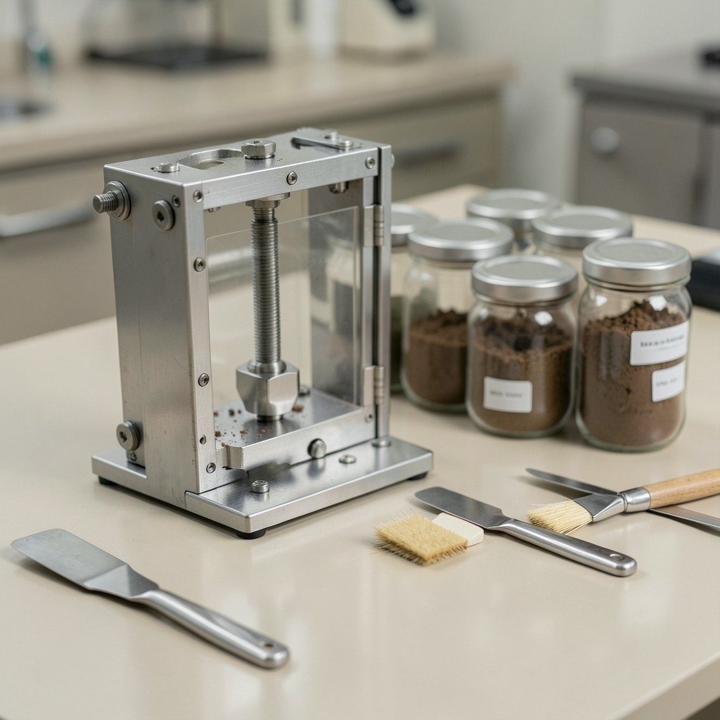 Soil samples and shear box apparatus on a laboratory bench