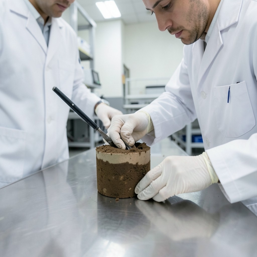 Technician preparing a soil specimen in a geotechnical testing laboratory