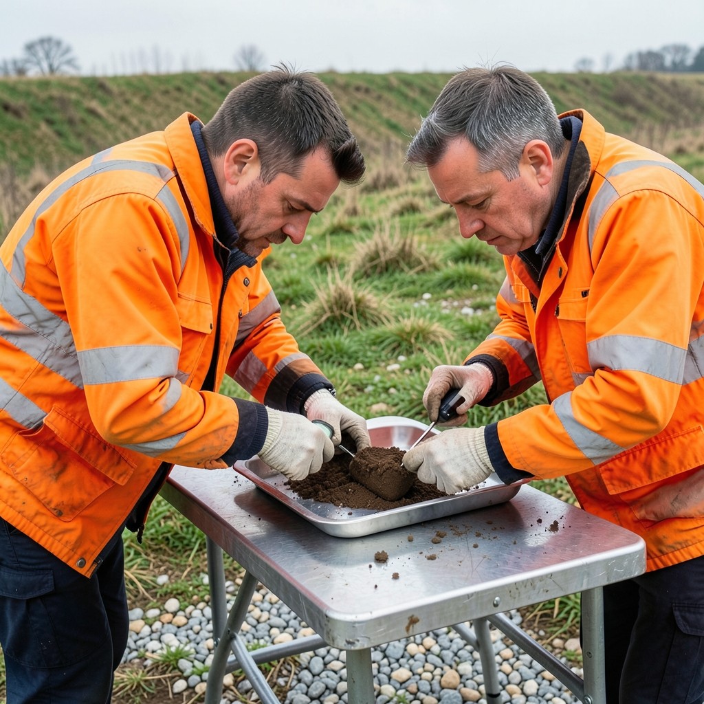 Geotechnical engineers examining a borehole core sample outdoors