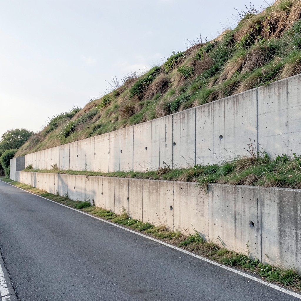 Engineered retaining wall supporting a vegetated slope beside a road